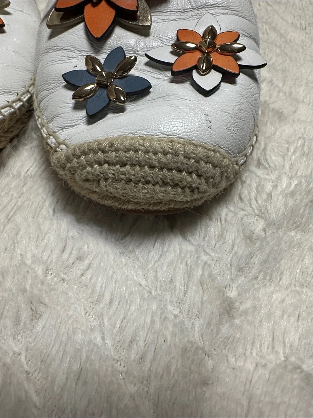 Michael Kors White Leather, Orange w/ Gold Beads Flowers Espadrilles Flats, 8 M